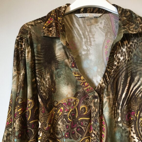 Vintage Y2K Animal Paisley Print Ruched Sleeve Button Up Top - Picture 3 of 16